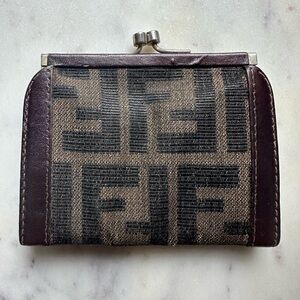Fendi Zucca FF Monogram Vintage Kiss Lock Coin Purse Wallet Brown Canvas GUC